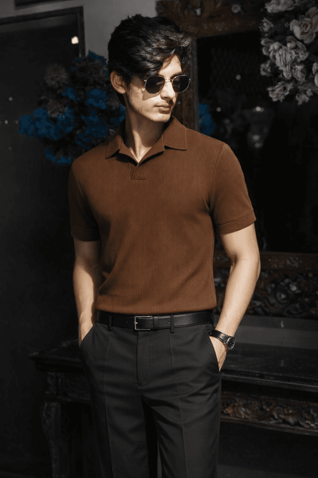 knitted T-Shirt, Black Trousers