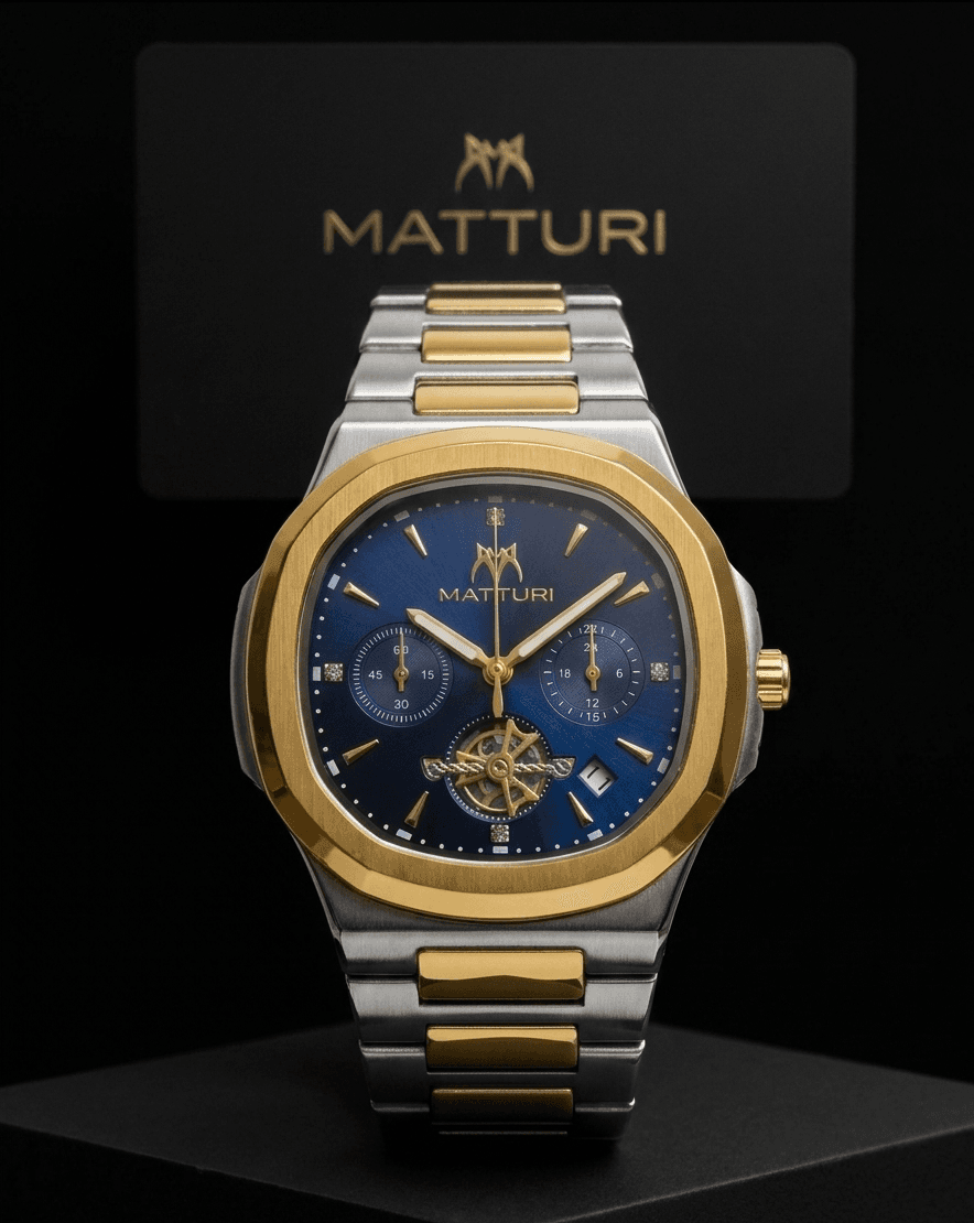 MATTURI Luxury Watch – Blue Dial & Gold Bezel